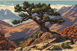 museum quality color woodcut of an ancient Bristlecone Pine , atop a rocky plateau ,high in the mountains, in the style of Gustave Baumann, with a fine art aesthetic, highly detailed, finely cut ,8k render