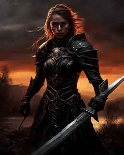 A formidable warrior girl in black armor, on the background Amazing gloomy landscape, flooded with sunset, mountains, trees, fabulous scary hero, , juicy emotions, painting, dark fantasy, gloomy day, dark world, portrait, by James Paick