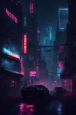 A realistic photo of a cyberpunk cityscape at night characterized by a vivid and neon lit urban environment. High quality. High resolution.