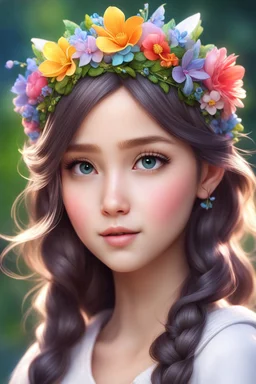 a girl with a flower crown on her head, photorealistic disney, rossdraws global illumination, disney photo realistic, artgerm ; 3d unreal engine, cgsociety 9, realistic anime style at pixiv, realistic cute girl painting, disney render, kawaii realistic portrait, photorealistic artstyle, fairy cgsociety, beautiful and realistic face, photorealistic art style