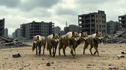 The image depicts a pack of wolves walking through a desolate, abandoned urban environment. The background features crumbling buildings and debris scattered on the ground, with a somber sky overhead, suggesting a post-apocalyptic setting. The scene conveys a sense of desolation and the animals' dominance in this deserted landscape.