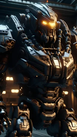 a large muscular mech with bright light up armor plates with a head of a gorilla