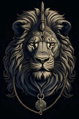 Illustrate a front-facing view of a regal lion with a crown, using pronounced chiaroscuro shading to emphasize its royal status, while adding an aura of authority. The lion's face should be exquisitely detailed, showcasing a dramatic contrast between the deep shadows and bright highlights, rendered with bold and delicate lines. Depict the lion fiercely biting a chain in half, symbolizing not only strength and freedom but also commanding authority. Maintain the high-contrast, modern graffiti