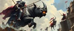 knights and lances tournament, horses hit hard, oil and airbrush, epic fantasy illustration, black giant on vampire rhino with steel gauntlets, scared knights jumping into water, people climbing falling ladders on the castle walls