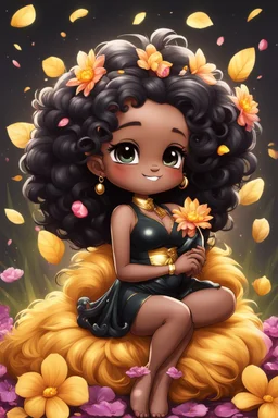 A sassy thick-lined airbrushed cartoon black chibi girl lounging lazily on her side, surrounded by flower petals. She has a golden lion tail curling playfully behind her curvy body. Looking up coyly, she grins widely, showing sharp lion teeth. Her poofy hair forms a mane framing her confident, regal expression.