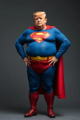 a thoroughly confused, frail, elderly and obese donald trump standing dressed as superman