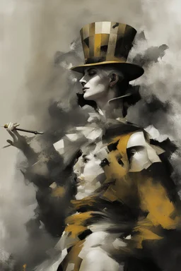 Digital Art of merry harlequin embodying the essence of merriment in a , minimalist approach, influenced by Luis Miranda, Jeremy Mann, Jeffrey Catherine Jones, blends conceptual art with elements of painting and illustration, somber tones, fragmented souls, shadow play, diffuse textures, abstract forms, digital painting, high conceptuality, palette inspired by Jeffrey Catherine Jones, golden ratio composition, fine detail, cinematic lighting.