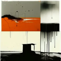 Melancholy Minimal abstract flat landscape painting. Rough brushstrokes and dripping paint. A single orange colour highlight with complimentary background colours. Use rule of thirds. Place the Horizon line at the top. Style of Justin Mortimer.Abstract empty landscape painting. Dripping paint. Rough. Minimal. Style of Justin Mortimer.