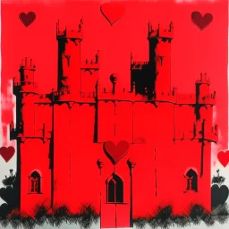 A red castle with hearts painted by Andy Warhol
