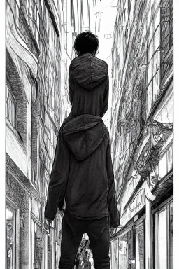 street, god walking, model style, hyper realistic, accurate, delicate, extremely detailed, Graphic novel style, wide-angle, front view, open aperture, superfine pencil