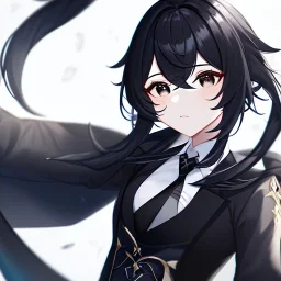 Clear focus, High resolution, short black hair, black eyes, wearing a black jacket and a white shirt, wearing a black skirt, 1girl, Genshin impact, long locks, long eyelashes, black tie