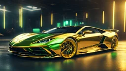 Lamborghini Fantazma GOLD yellow green CHROME design, high quality, 3d render, digital art, 32K ultra hd, hyper realistic, cinematic, high definition, new design, tron style, ultra detailed atmospheric details, beautiful glowing effects, sparkle effects, MULTICOLORS, METAL MATERIAL,