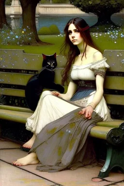 Woman sitting on a park bench, a cat sitting beside her. John William Waterhouse