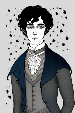 Black haired blue eyed freckled young male wizard in the style of aubrey beardsley