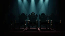 Create a highly realistic, dark-themed version of the Illuminati from Earth-838. The scene is set in a dimly lit, ominous ambiance, with seven ornate chairs arranged side by side, each symbolizing authority and mystery. Shadows are cast across the room, with subtle, eerie lighting highlighting intricate details on the chairs. The overall tone should be dark and foreboding, capturing a sense of secrecy and power. No visible characters, just the environment conveying an enigmatic and intimidating.