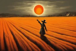 A field scarecrow falling from the sky. In the mexican countryside.A gray and dark atmosphere. An orange sun in the sky.Marc Chagal