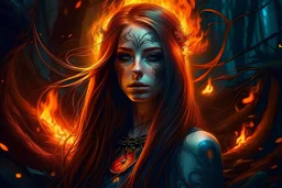 fire kígyó szemű pávián tattooed nature-witch girl with long hair and smoked background elemental flames lightning lights luminance colorful futuristic steampunk