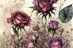 beautiful intricate rose field, soft delicate watercolor, dramatic, perfect composition, by Arthur Rackham highly detailed intricate very attractive beautiful fantastic view watercolor Arthur Rackham Jean-Baptiste Monge Egon Schiele muted tones professional Enki Bilal patchwork watercolor and ink Xuan Loc Xuan