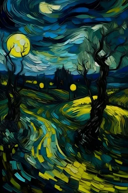 A melancholic and chaotic night landscape, oil painting , van gogh