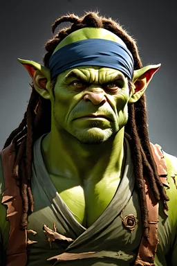 A friendly orc, with a bandanna and tattered clothes, dreadlocks, portrait, realistic, fantasy, concept art