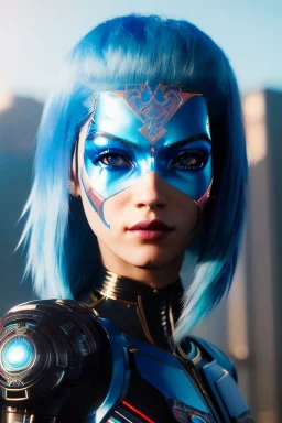 Smirking Cyborg anime assassin, light blue hair, blue eyes, facepaint, up portrait, 8k resolution, intricate details, ornate details, soft lighting, vibrant colors, retroanime, masterpiece, intricate eyeliner, dark eyeshadow, eyes, intricate tattoos, futuristic cityscape background
