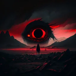 a large ominous red eye watching a person roam a desolate deep black landscape