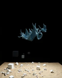 A photo of a dark, closed environment in a dark open space. There are white cubes scattered around the area. The surface below is sandy, with small accumulations of rocks. In the background, very sharp forms or structures are visible, some of which are white and blue and organic in appearance. The image has a glossy finish. The aspect ratio is 85:128 and the exposure value is 6.