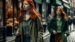 shoulder-length red-haired woman with a ghostly young woman following her, walking along a street full of shops,