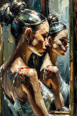 a beautiful ballerina, in a studio, Infront of a mirror, side profile with eyes looking slightly Down, her reflection in the mirror is looking straight at her and not looking down, scary, dark undertone, 12k, detailed painting, thick impasto and textures with rough brush strokes, chaos background with cracked paint, peeling off