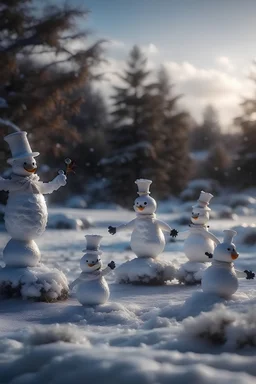 a snowman family are dancing together in the snow Snowy landscape, smooth, elegant, fantasy, intricate, hyperdetailed, very cute, surreal, magical, portrait, Nikon D850