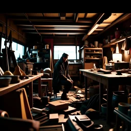 Wide angle environmental shot of ninja assassin in a cluttered and messy shack, chaotic shack in background. vibrant, photo realistic, realistic, dramatic, dark, sharp focus, 8k.