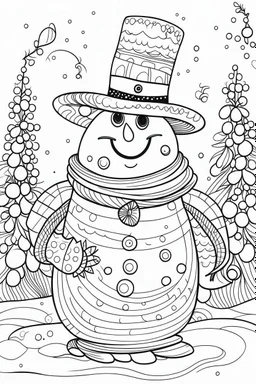 A jolly snowman with a carrot nose and a top hat, surrounded by a winter wonderland of sparkling snow and twinkling lights, clean line art, white background, well outlined, for kids coloring book.
