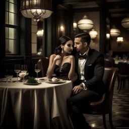 Diseñá a tronchatoro con apariencia de mujer intelectual sencible vestimenta sensual yelegante en un ambiente romantico y de paz cenando en un restoran con su amado. .