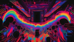 a vibrant and electrifying medium image of a blacklight ((illuminating)) a dark room, neon colors, glowing, psychedelic, party atmosphere, abstract art, UV light, glowing objects, fluorescent, energetic, vibrant, night scene, glowing paint, dance floor, vibrant patterns, clubbing culture, neon lights, electric atmosphere