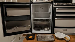 disassembled refrigerator with parts forced on stove