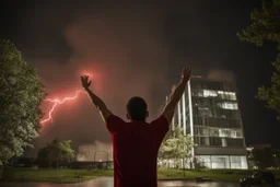 A young man standing, with arms raised, in front of a building at night, with red lightning