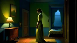 woman in a mysterious room, daguerreotype by edward hopper, by henri rousseau, by Bosch, art noveau, highly detailed, strong lights, liminal, eerie, Bright pastel colors, octane render, 8k, trending on artstation, cinematic lighting,