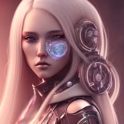 A beautiful portrait of a cute cyberpunk woman, long blond platinum hair, high key lighting, volumetric light high details with white stripes and feathers and white celtic paterns, beam starry background