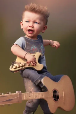 James hetfield toddler, full body, playing guitar, bokeh, hyper realistic