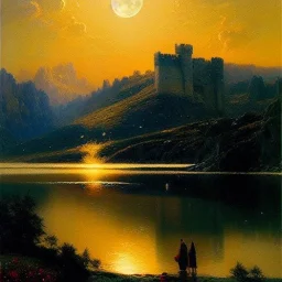 Drawing of 'Medieval Romanian Castle',mountain,lake,full moon, by gaston bussiere, greg rutkowski, yoji shinkawa, yoshitaka amano, tsutomu nihei, donato giancola, tim hildebrandt, oil on canvas, cinematic composition, extreme detail,fit full head inside picture,16k