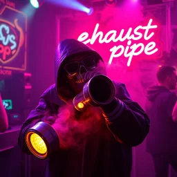 A exhaust pipe performing at dance club, his name is "exhaust pipe" and looks crazy, looks very aggressive look, Neon lights and smog, Im a "exhaust pipe" SIGN ON WALL