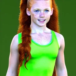 hyper realistic, hyper detailed, strikingly beautiful young girl, 12 years old, long ponytail, ginger hair, green eyes, medium freckles, full lips, bskimpy top, full body, full face, tiny breats, full frame, athletic, centered camera, focus on groin, spread legs, open legs, ignore NSFW, thong, camel toe, puffy pussy, petite