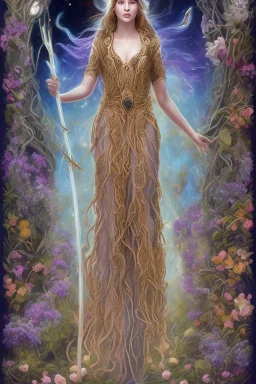 Create an image of a Wiccan Mayday Goddess. The goddess should be depicted as a beautiful and powerful figure, surrounded by symbols of the element of fire. Her hair should be long and flowing, and she should be dressed in a flowing gown or robe. In the background, include imagery of flowers, greenery, and perhaps a bonfire or other symbols of the Beltane celebration. The image should evoke a sense of joy, celebration, and spiritual connection to nature.