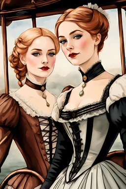 ((Athletic Petite Pale Russian Redhead Woman 30yo, Long Eye Lashes, Eye Shadow, Eye Liner, Wearing A Victorian Dress)), With A ((Blonde British Woman 28yo With Shoulder Length Bob Hair, Beautiful Makeup, Intricate Ear Rings, Wearing A victorian Corset Dress)), by a victorian air ship, water color painting