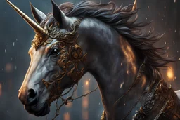 Demonic unicorn mixed with chimera in 8k solo leveling shadow artstyle, machine them, close picture, rain, intricate details, highly detailed, high details, detailed portrait, masterpiece,ultra detailed, ultra quality