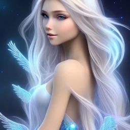  beautiful, soft, smiling, long and straight blonde hair, bluish background, fairy wings on the back