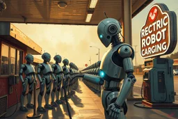 A cinematic wide-angle oil painting of a humanoid robot plugging a thick electric charging cable into its torso port at a futuristic charging station within a retro-style gas station. A long line of identical humanoid robots stands patiently behind, waiting for their turn to recharge. A large vintage-style sign to the side reads 'Electric Robot Charging Station.' The scene is bathed in golden-hour lighting, with rich, noisy colors, expressive thick brushstrokes, intricate steampunk elements, glo