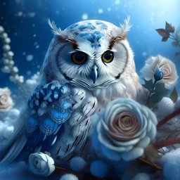 Kind sweet very gentle owl frost, feathers from the first frost, super realism, in a lace boho cloak and a wreath of roses and snowflakes, in the morning on a branch, harmony, expressive, 5D, VR, precise contours, edges, pastel tones, juicy colors, macro, high octane, photomanipulation, cold light, blue light,