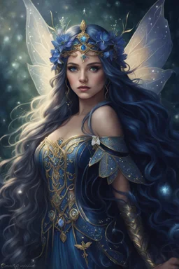 Midnight blue,Dark blue hair,night,dark fairy princess ,elven crown,elven ears,sparkle,glitter,lillies of the valley,gold armor,dragonflies,rapunzel hair