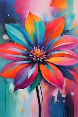 A vibrant and colorful abstract flower with bold, expressive brushstrokes in shades of pink, orange, green, and blue. The flower appears to be the main focus, with a soft, dreamlike background